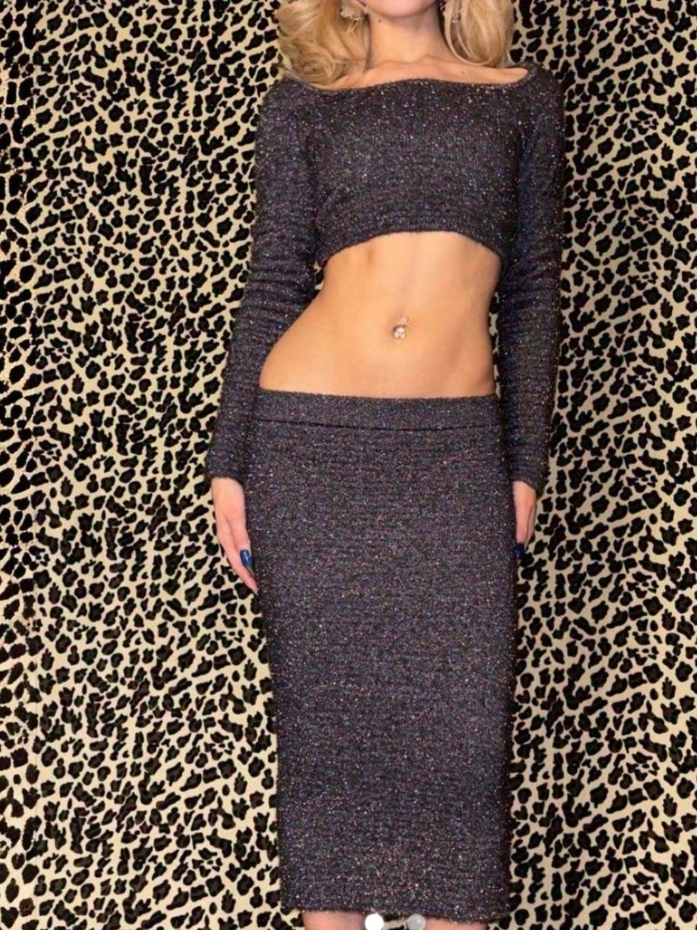 Sparkle Knit Two-Piece Midi Skirt Set - Black Metallic